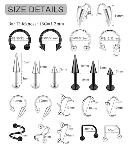 36Pcs 16G Stainless Steel Lip Rings for Women Men Snake Bite Piercing Labret Jewelry Monroe Barbell Spike Nose Stud