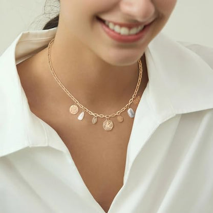 Charm Necklace for Women Gold Evil Eye Sun Moon Flower Coin Pendant Necklace Dainty Paperclip Chain Vintage Luck Amulet Choker Necklaces Celestial Jewelry Gift - style: 7 Charms- Angel,Pearl