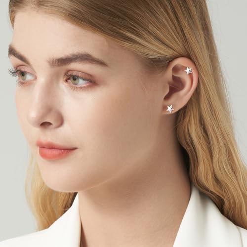 JSGEMSLEE Hypoallergenic 925 Sterling Silver Stud Earrings for Women With Screw Back Small Butterfly Heart Flower Earrings for Girls Tragus Cartilage Jewelry Gifts - color: star