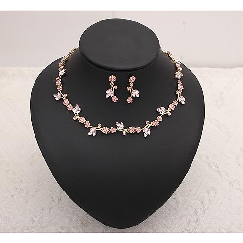 Brides Bridesmaid Flower Leaf Choker Necklace Dangle Earrings Link Bracelet Austrian Crystal Wedding Jewelry Set for Prom Costume Party Accessories for Woman - color: Light Rose-Gold Plated