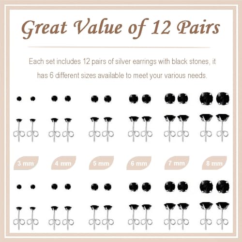 12 Pairs Stud Earrings Set, Hypoallergenic Surgical Stainless Steel 316L Earring for Women Men, Small Earring Studs Pack with Cubic Zirconia - color: Black-6 Sizes-3，4，5，6，7，8