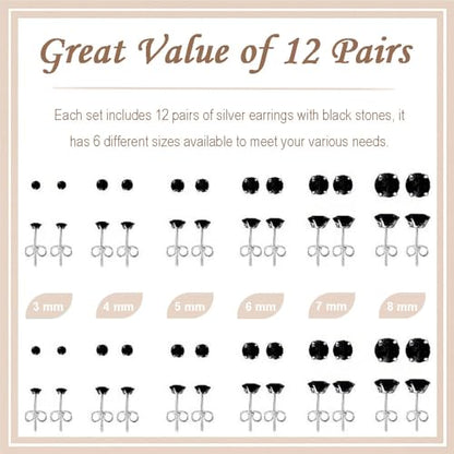 12 Pairs Stud Earrings Set, Hypoallergenic Surgical Stainless Steel 316L Earring for Women Men, Small Earring Studs Pack with Cubic Zirconia - color: Black-6 Sizes-3，4，5，6，7，8