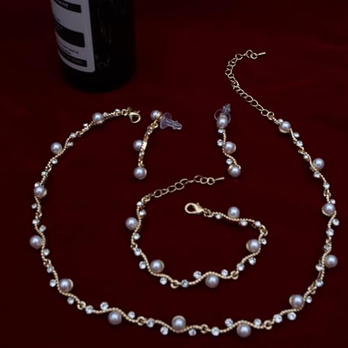 Bridal Pearl Choker Necklace Earrings Bracelet Wedding Crystal Jewelry Set for Women Brides Bridesmaid Prom - color: White-Gold Plated