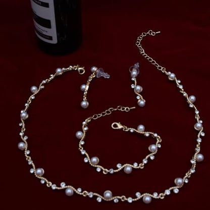 Bridal Pearl Choker Necklace Earrings Bracelet Wedding Crystal Jewelry Set for Women Brides Bridesmaid Prom - color: White-Gold Plated