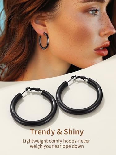 FindChic Hoop Earrings for Women, Silver/Black/14K Gold Plated Hypoallergenic Hollow Round Tube Loop Earrings, 20mm/30mm/40mm/60mm/80mm Chunky Hoops with Custom Name Options & Gift Box - color: a.Black, size: 40MM