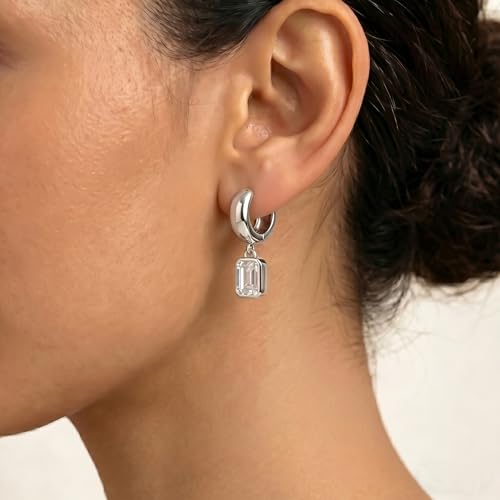 NIXMAX Trendy Gold Dangle Earrings for Women, Chunky Statement CZ Hoops | Bezel-Set Cubic Zirconia Charm, 14K Gold Plated, Lightweight Hypoallergenic Jewelry, Fashion Accessories, Gifts for Women - color: Silver-Chunky Rectangle Hoops