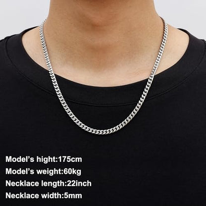 Fiusem Silver Tone/Black/14K Gold Plated Chain Necklace for Men, 5mm/6mm/7.5mm/8mm/9mm Stainless Steel Cuban Link Chain Necklace, Men's Chains 18-28 Inch Jewelry Gifts - size: 22", style: 5mm silver