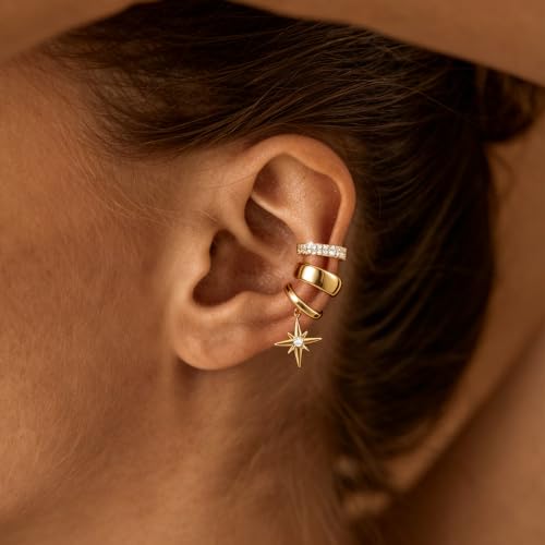 14K Gold Plated Layered Chunky Ear Cuff for Women Thick Ear Clips | Ear Cuff Earrings for Women,Hammered Texture design，Lightweight Hypoallergenic Ear Clips，trendy Jewelry for Daily Party Prom - color: gold 5