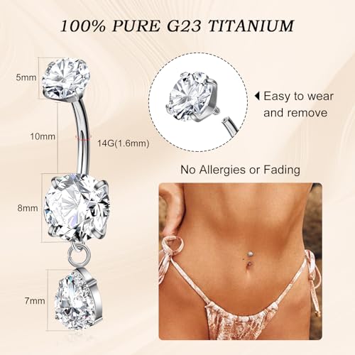 G23 Titanium Belly Button Rings Dangle CZ Belly Rings Curved Navel Rings Teardrop Internally Threaded Cute Belly Piercing 8mm-16mm - color: Style A| Silver, size: 14MM