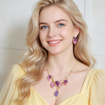 Vintage Statement Jewelry Set - Chunky Flower Floral Plant Geometric Resin Bib Necklace Earring Set Bohemian Boho Crystal Rhinestone Fashion Jewelry for Women Bridal Party Prom Unique Gift - style: MLJS2609-Purple