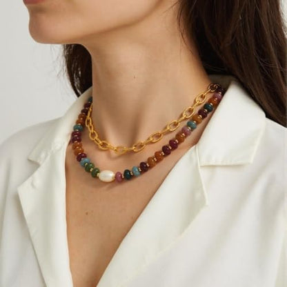 Beaded Necklace for Women,Natural Gemstone Necklace for Women,Colorful Bead Choker Necklace Handmade Surfer Beach Necklace Trendy Jewelry Gift for Women - style: With Pearl