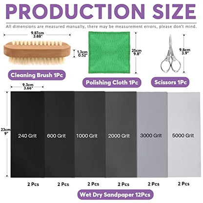 Swpeet 26Pcs Resin Sanding and Polishing Assortment Kit, Including 240# 600# 1000# 2000# 3000# 5000# Sand Papers, Resin File, Polishing Blocks, Scissors, Wooden Cleaning Brush for Polishing Resin