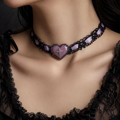 Halloween Gothic Choker Necklace for Women Black Lace Choker Purple Heart Pendant Adjustable Halloween Costume Jewelry Party Accessories - color: B: pink lace