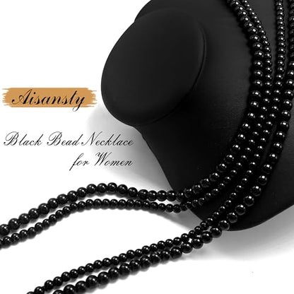 Long Pearl Necklaces for Women Cream White Faux Pearl Strand Layered Necklace Costume Jewelry - color: 2Pcs Black (6MM+8MM)