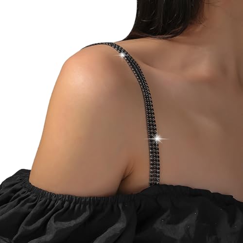 2Pcs Rhinestone Shoulder Strap Chain Bridal Wedding Rhinestone Lingerie Strap Shoulder Chain Sexy Crystal Underwear Chain for Women Dress - style: Black