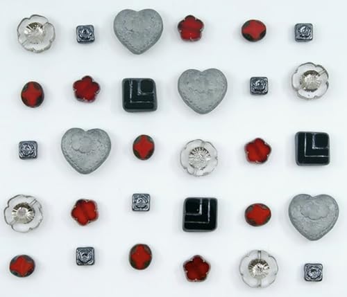 65+ pcs (2.1oz=60g) of Focal Glass Bead Mix with Table-Cut Hawaii Flower and Heart with Rose Beads, PG Gray Red - color: Focal Gray Red