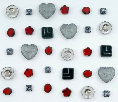 65+ pcs (2.1oz=60g) of Focal Glass Bead Mix with Table-Cut Hawaii Flower and Heart with Rose Beads, PG Gray Red - color: Focal Gray Red