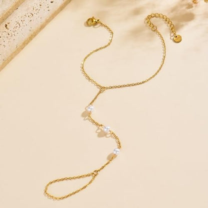 Dainty 18K Gold Plated Tiny Bracelets with Finger Ring for Women | Waterproof Hypoallergenic Adjustable Hand Harness Chain Jewelry - color: Three Pearl-GD