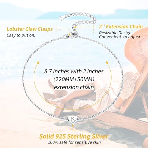ChicSilver 925 Sterling Silver Initial Anklets for Women Dainty Beach Heart Ankle Bracelet Foot Jewelry-Adjustable Size(with Gift Box) - style: Letter-K
