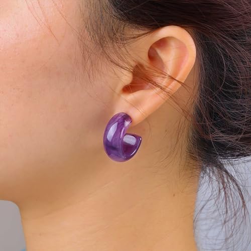 Vintage Acrylic Hoop Earrings - Purple Resin C Shape Studs - Chunky Open Hoop Earrings - Women's Jewelry
