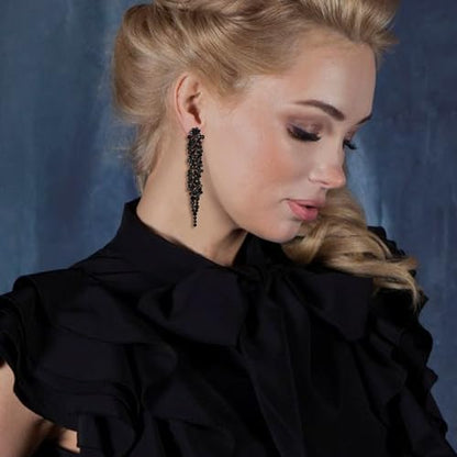 EVER FAITH Rhinestone Crystal Art Deco Statement Clip-on Earring, Wedding Prom Long Chandelier Dangle Earrings for Women - color: Black Black-Tone