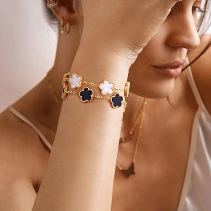 Women Gold Bracelets Jewelry Set - 3Pcs 18K Gold Plated Floral Bracelet,Stainless Steel Charm Bracelet Non-Tarnish,Adjustable Lucky Chain Trendy Gift,Christmas Valentines Birthday Gifts for Girlfriend - style: White&Black