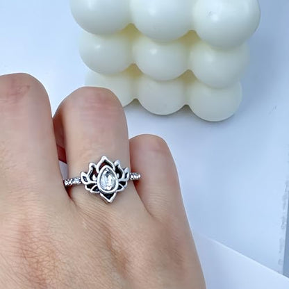 Lotus Ring for Women - Zircon Inlaid Flower Promise Ring - My Trauma Inspirational Statement Floral Jewelry Gift - color: white
