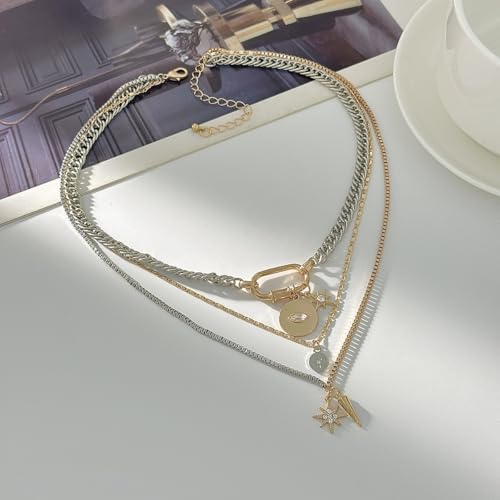 Gold Layered Necklace for Women Chunky Stacked Chain Link Paperclip Evil Eye Necklace Trendy Punk Jewelry - color: Silver B