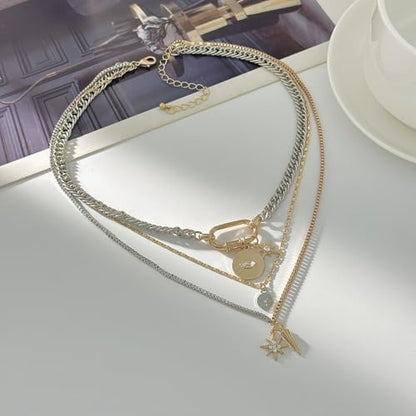 Gold Layered Necklace for Women Chunky Stacked Chain Link Paperclip Evil Eye Necklace Trendy Punk Jewelry - color: Silver B