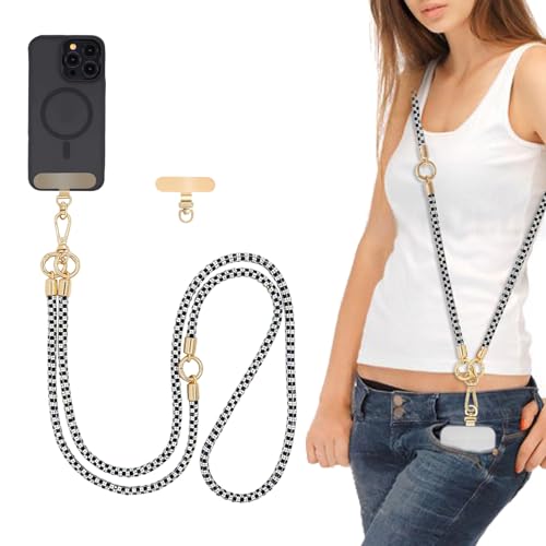 Phone Lanyard Crystal Phone Strap Crossbody, Black White | Crystal Phone Strap Crossbody Rhinestone Anti Theft Layered Strap Crossbody Cell Phone Neck for Women - color: Black White