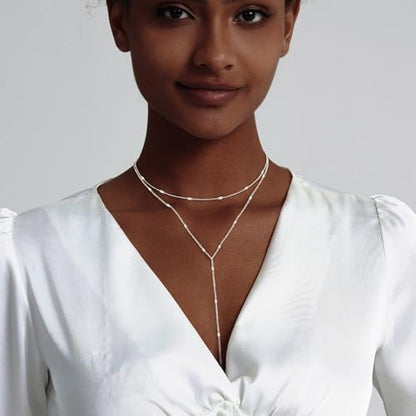 HERIER Lariat Gold Necklace for Women, Dainty Long Necklace 14k Gold Plated/Silver Y-Shaped Layered Beaded Chain Drop Necklaces for Women Trendy Simple Gold Jewelry for Women Gifts - color: Y Layered Bar-Silver
