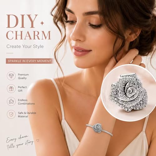 925 Sterling Silver Bead Charm for Pandora Bracelets and Necklaces,Pink Bow Cherry Butterfly Blue Ocean Pendant Bead Charms Jewelry Present Valentines Gifts for Wife/Girlfriend Women - style: Big Silver Sparkling Rose