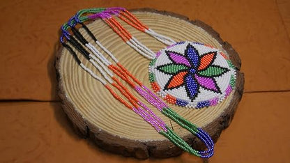 Handmade Native American Style Tribal ethnic Seed Bead Beaded Layered Medallion Necklace - color: Off White Floral
