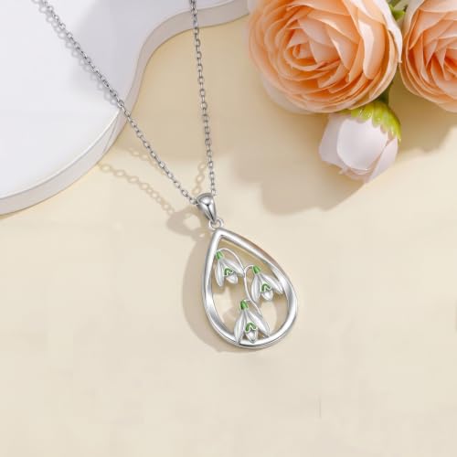 12 Month Birth Flower Necklace for Women 925 Sterling Silver Floral Teardrop Pendant Birthday Jewelry Gifts - color: 01. January Snowdrop