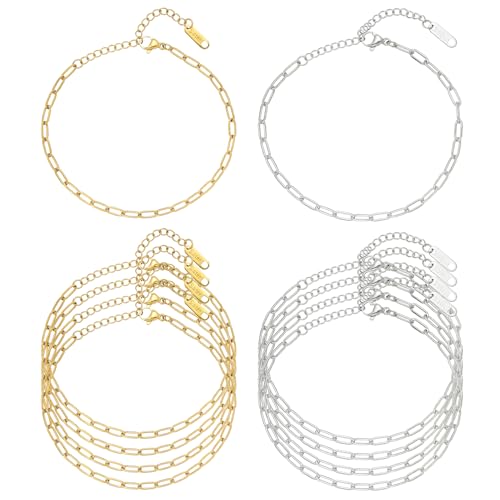 Swyabi 10 PCS Gold Silver Paperclip Bracelet Chains Bulk for Jewelry Making | 18K Stainless Steel, with Extender, No Fade, No Rust, Adjustable, for Men Women DIY, 6.5 Inch - color: 3x7.5mm Gold Silver