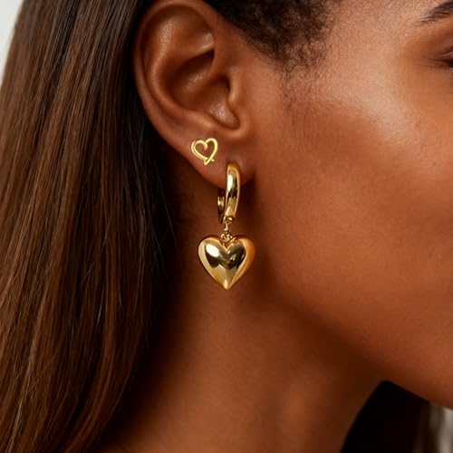 Gold Plated Post Heart Charm Huggie Earrings Stud Earrings for Women Lightweight Love Heart Drop Dangle Charm Earring