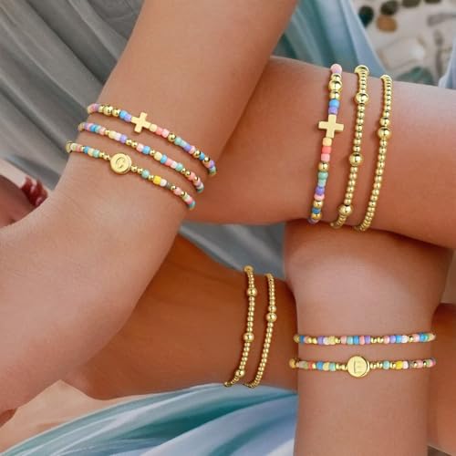 M MOOHAM Bracelets for Girls - 5PCS Colorful Beaded Bracelets Cross Bracelet Disc Letter A-Z Initial Bracelet Stretch Stackable Bracelet Set for Women Girls, Birthday Gift Christian Jewelry - color: D