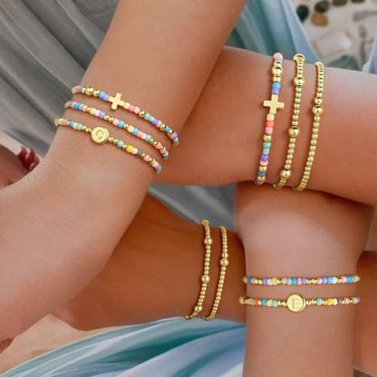 M MOOHAM Bracelets for Girls - 5PCS Colorful Beaded Bracelets Cross Bracelet Disc Letter A-Z Initial Bracelet Stretch Stackable Bracelet Set for Women Girls, Birthday Gift Christian Jewelry - color: L
