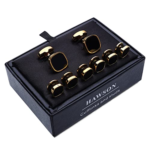 HAWSON Cufflinks and Studs for Men-Black Stone Mens Fashion Gun-Black Cufflinks and Tuxedo Shirt Studs Set for Regular Weeding Business Accessories - color: Gold+Black