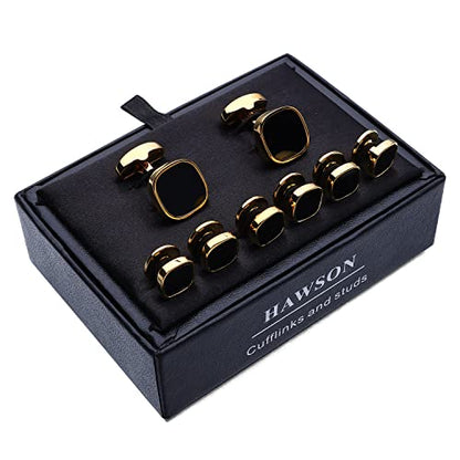 HAWSON Cufflinks and Studs for Men-Black Stone Mens Fashion Gun-Black Cufflinks and Tuxedo Shirt Studs Set for Regular Weeding Business Accessories - color: Gold+Black