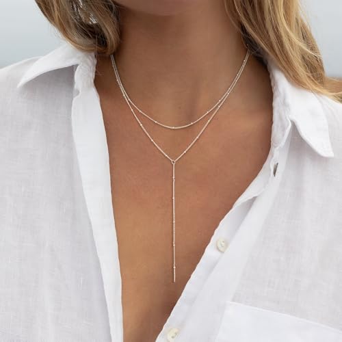 Lariat Necklace for Women, Dainty 14K Gold/Silver Plated Long Necklaces for Women Trendy Simple Layered Y-Shaped Pendant Necklace Adjustable Fashion Jewelry Gift - color: Silver, style: Satellite Chain