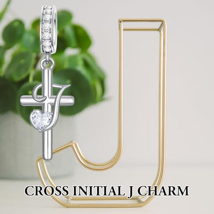 PROESS Initial Cross Charm 925 Sterling Silver Letter A B C Pendant Dangle Charm Beads for Bracelet Initial Cross Jewelry Gifts for Women - style: 10-J