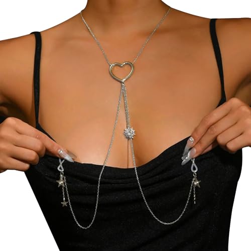 Sexy Star Pendant Non Piercing Nipple Chain Necklace for Women Rhinestone Star Tassel Chest Chain Body Jewelry Festival Rave Heart Nipple Accessories Jewelry - color: Silver
