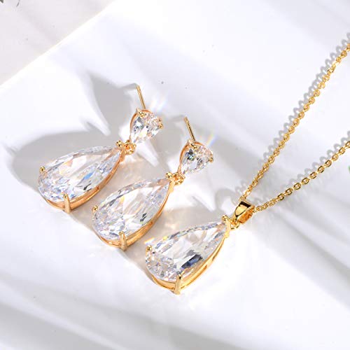 Wedding Jewelry Set for Bridesmaids - Sterling Silver Teardrop CZ Crystal Cubic Zirconia Rhinestone Diamond Bridal Necklace Earrings Set for Bride Mother of Bride Party Prom Birthstone Costume Jewelry - color: Nov-Topaz