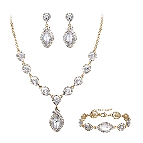 EVER FAITH Bridal Wedding Crystal Marquise Teardrop Pendant Necklace Earrings Bracelet Set for Prom - color: Clear Gold-Tone