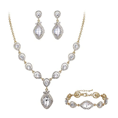 EVER FAITH Bridal Wedding Crystal Marquise Teardrop Pendant Necklace Earrings Bracelet Set for Prom - color: Clear Gold-Tone