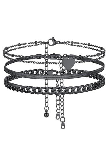 FOCALOOK Anklet Bracelets Set for Women, 14K Gold Plated Layered Anklet Set | Adjustable for Large Ankle, Cuban/Snake/Figaro/Paperclip Chain, Waterproof & Non Tarnish for Everyday Wear, Beach & Summer - color: B:3Pcs-Anklet Set-Black