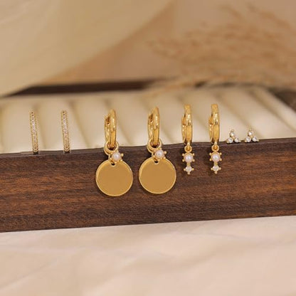 Gold Plated Earrings for Women, 14k Gold Plated Earring Stack Hypoallergenic Pearl Drop Earring Dainty Earrings for Women Trendy Cute Small Huggie Hoop Earring Fashion Womens Jewelry - color: SET7