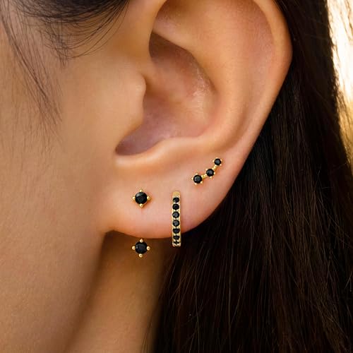 3 Pairs Dainty Small Earrings Set for Women Trendy, Birthstone Stud Huggie Hoop Jacket Stack for Cartilage Helix, Gold Plated Hypoallergenic Cute Women Fashion Accessories Western Jewelry Gifts - color: Black CZ (Gold)