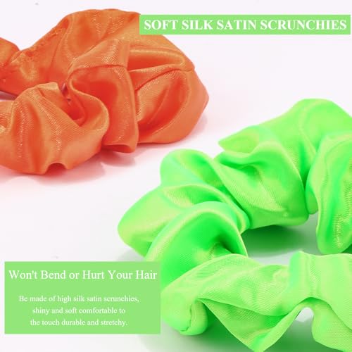 KICOSY 12 Pack Neon Scrunchies in 6 Colors - Satin Soft Hair Ties, Ideal for 80s/90s Looks, Glow Party & Daily Style - color: neon